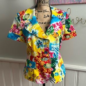 Vintage Rare Escada Womens Sz 42 Bright Floral Sea Life Short Sleeve Jacket